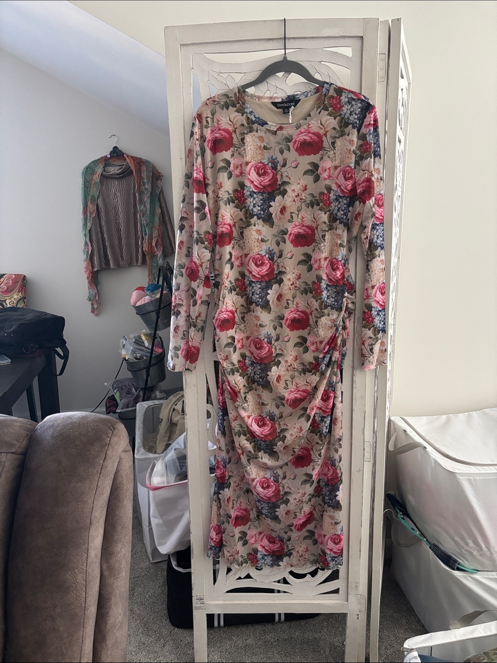 Floral Long Sleeve Ruched Midi Dress - Beige with Pink Roses